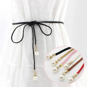 Ceinture taille élastique pour femmes, décorations perles délicates, tissage tressé, ceinture fine, nœud coloré, Vintage