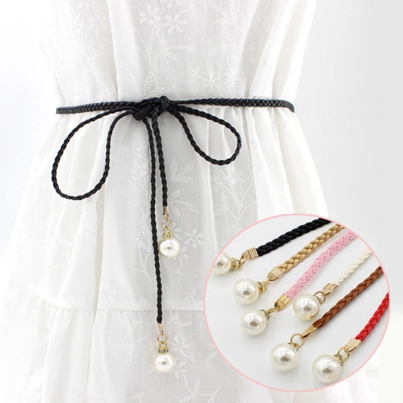 Ceinture taille élastique pour femmes, décorations perles délicates, tissage tressé, ceinture fine, nœud coloré, Vintage