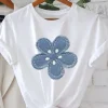 T-Shirt graphique Floral brodé, haut à manches courtes et col rond avec motif de fleurs bleues et blanches, amoureux de la mode, Chic et décontracté