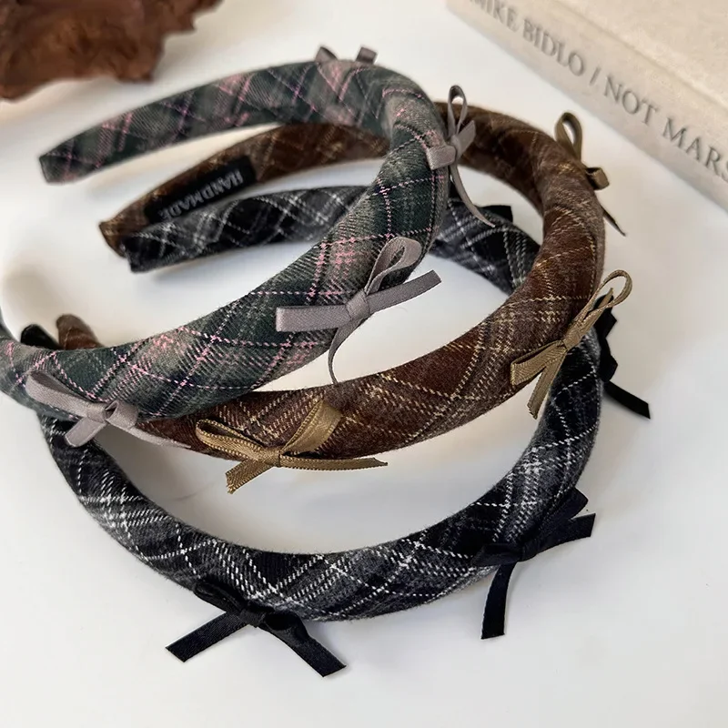Bandes de sauna à nœud à carreaux de style preppy pour femmes et filles, cerceau de cheveux de tempérament, bande de cheveux colorée, accessoires de cheveux rétro féminins, mode