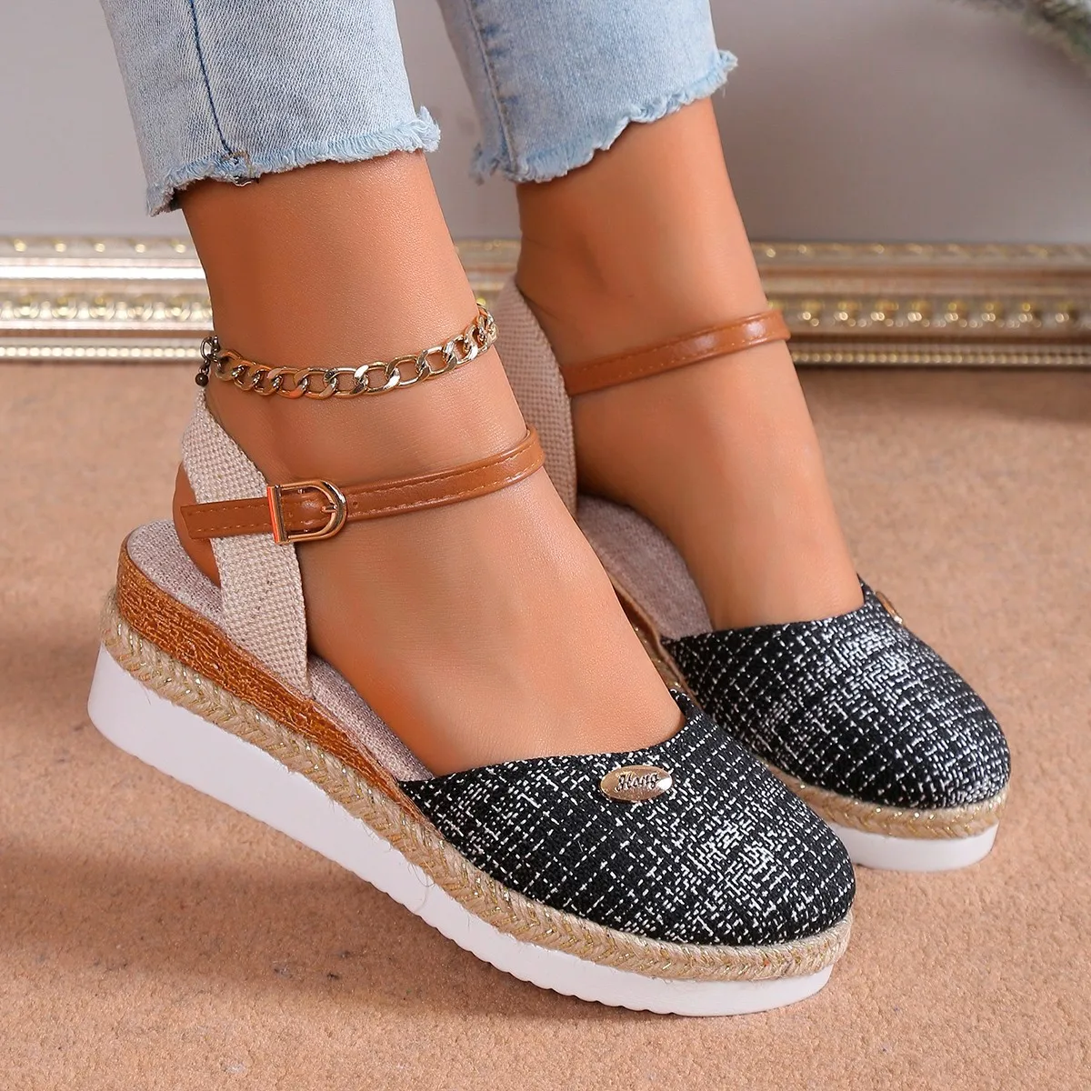 Sandales à Talons Compensés pour Femme, Chaussures de Styliste à Plateforme, Nouvelle Mode d'Été 2024