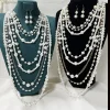 ensemble collier et boucles d'oreilles multicouches en perles simulées pour femmes, long collier, bijoux à la mode