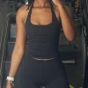 haut de sport pour femmes, vêtements d'entraînement à bretelles, débardeur rembourré, soutien gorge de sport, dos nu, chemises de yoga, sans couture, haut court, col licou, gilet de fitness