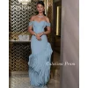 robe de soirée bleue à volants, épaules dénudées, style sirène, robe formelle de soirée de mariage, personnalisée, arabie saoudite, 2025