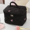 trousse de maquillage portable noire, grande capacité, pochette matelassée avec nœud rose, sac à main pour dames, sac de rangement de toilette de voyage
