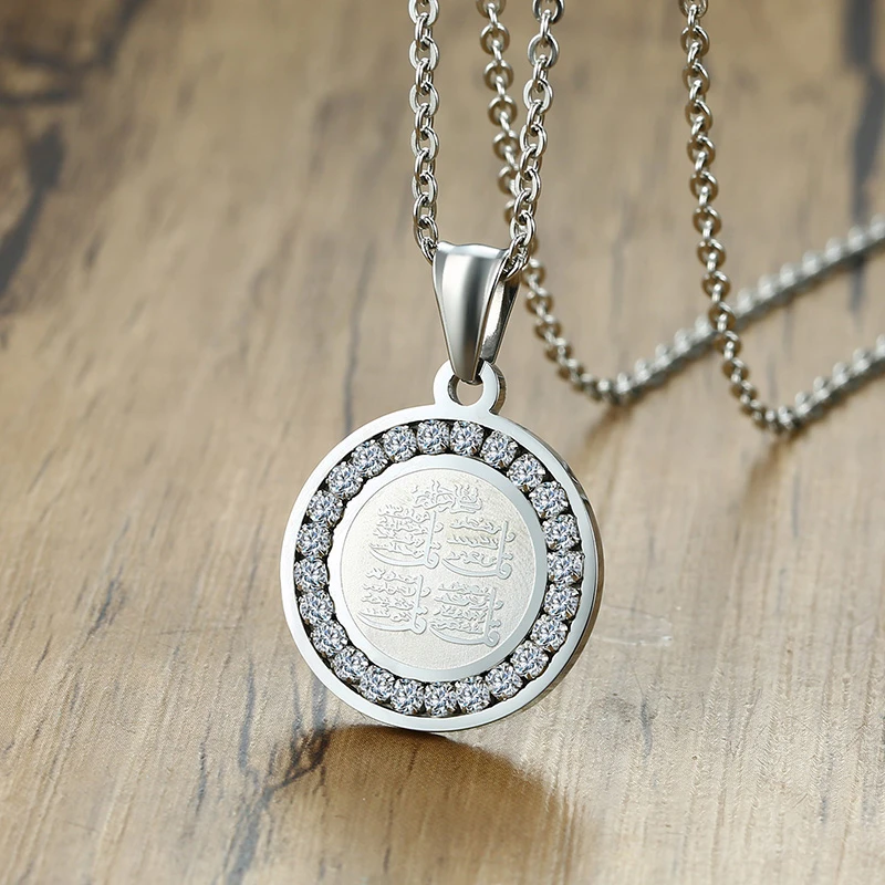 collier avec pendentif en pierre cz pour homme musulman, 4 qul, hajj, umrah, islamique, couleur argent