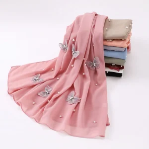 Femme élégant foulard en mousseline de soie perles 3D papillon musulman Long châle écharpe Ramadan tête enveloppement Hijab asie du sud-est Islam Turban