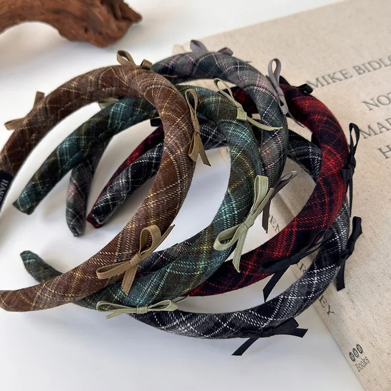 Bandes de sauna à nœud à carreaux de style preppy pour femmes et filles, cerceau de cheveux de tempérament, bande de cheveux colorée, accessoires de cheveux rétro féminins, mode
