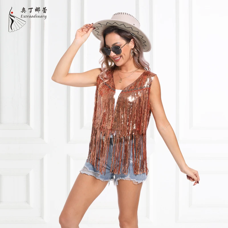 paillettes gland gilet femmes mode solide décontracté frange gilet sans manches hip hop veste denim style gilet danse musique gilet 