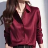 chemise ample en soie à manches longues pour femmes, haut de couleur unie