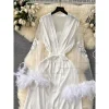 2025 nouvelle plume garniture maille panneau satin robe mariée robe de soirée de mariage femmes satin lingerie mariage kimono longues robes de novia
