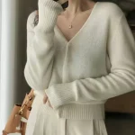 Cardigan court en cachemire pur 100 pour femmes, haut à col en v d&rsquo;automne, manteau tricoté élégant de style européen