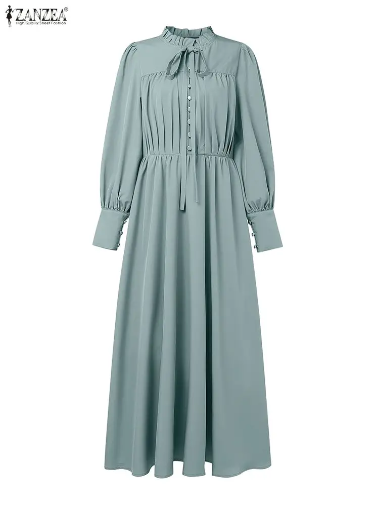 ZANZEA femmes luxe Maxi Robes élégant modeste col à volants noué taille à manches longues robe longue musulmane Hijabs Abaya Robes S-3XL ZANZEA femmes luxe Maxi Robes élégant modeste col à volants noué taille à manches longues robe longue musulmane Hijabs Abaya Robes S-3XL