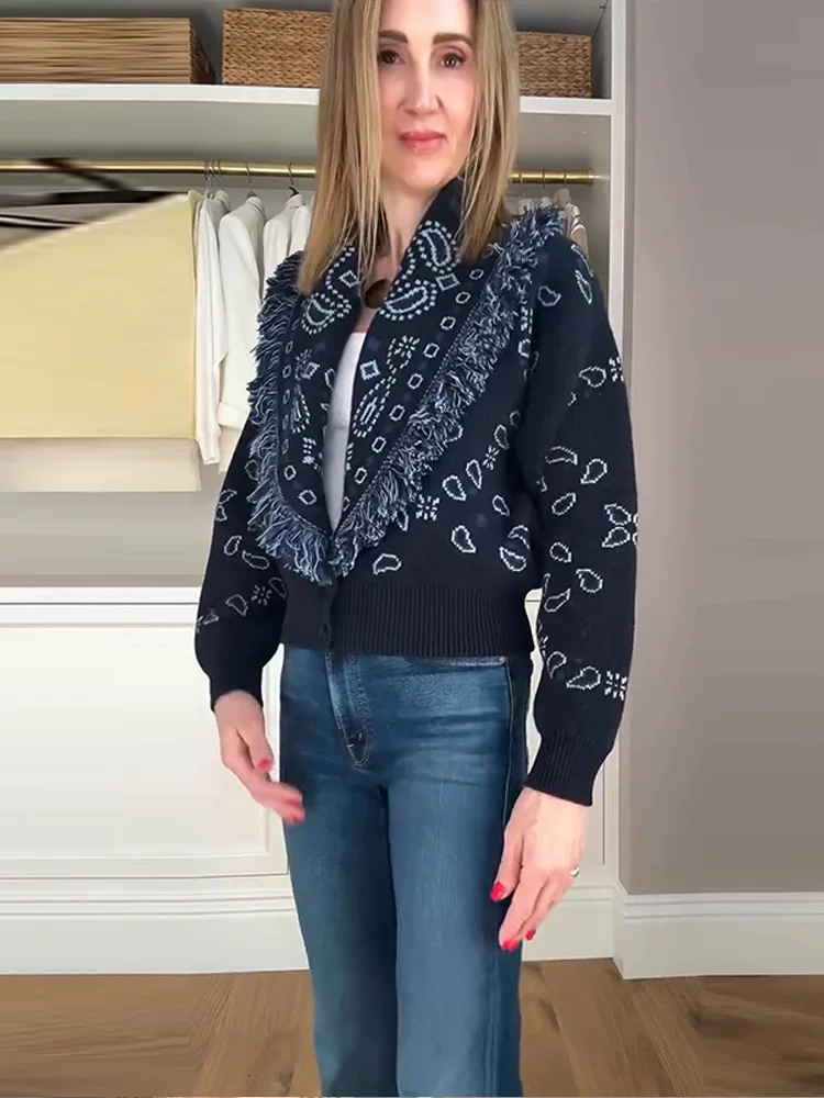 manteaux à pampilles en jacquard pour femmes, ceinture à lacets, col en v, châle, cardigan, taille cintrée, hauts trapèze, mode automne, nouveaux vêtements féminins