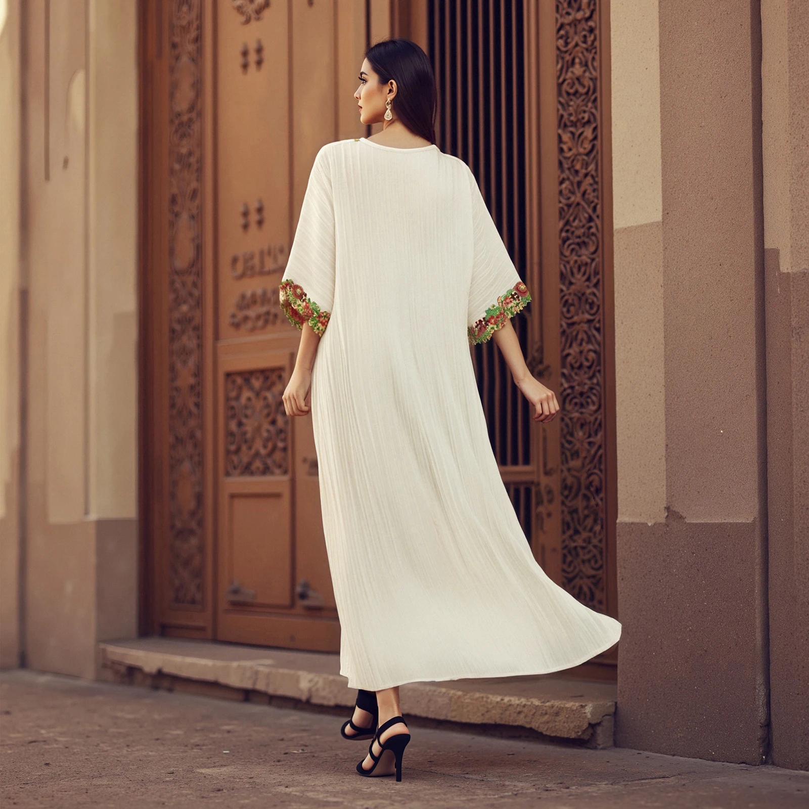 femmes plissées ramadan abaya élégant dentelle broderie florale col en v robes de prière islamique robes arabes robe