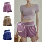 Short de sport respirant 2 en 1 pour femmes, doublure intérieure, short d&rsquo;entraînement taille haute, poches latérales pour téléphone, ceinture élastique