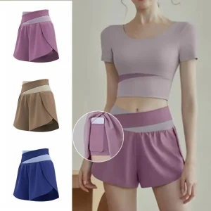 Short de sport respirant 2 en 1 pour femmes, doublure intérieure, short d&rsquo;entraînement taille haute, poches latérales pour téléphone, ceinture élastique