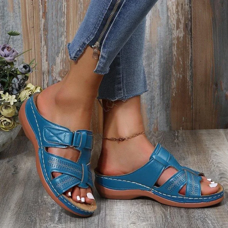 Sandales compensées orthopédiques 4WD pour femmes, chaussures d'été ouvertes, vintage, coordonnantes, en cuir, décontractées, à plateforme rétro