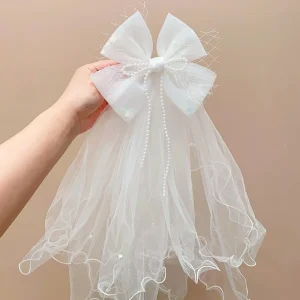 Pince à cheveux voile blanc élégant, nœud en maille pour filles, gaze, strass, Polyester, Tulle de mariée, accessoires pour cheveux