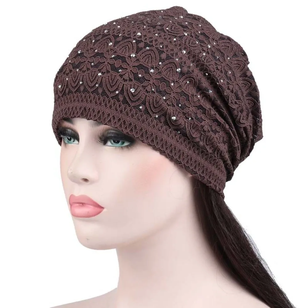 bonnet en dentelle douce et décontractée avec strass, style ethnique, chaud, bonnet de nuit, coupe vent, hijab, turban, pour l'extérieur
