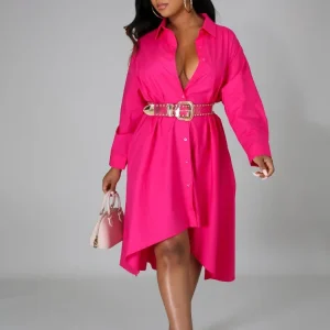 Robe chemise élégante à manches longues pour femmes, rose boutonnée, irrégulière, rêver, mode de rue, loisirs, automne, nouvel article, 2024