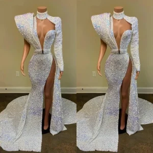 Robe de Soirée Africaine à Manches sulfet Paillettes pour Fille, Tenue de Bal Personnalisée, Style Sirène Arabe Saoudien Robe de Soirée Africaine à Manches sulfet Paillettes pour Fille, Tenue de Bal Personnalisée, Style Sirène Arabe Saoudien