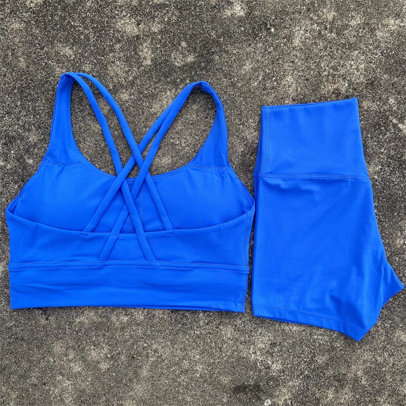 ensemble de vêtements de yoga 2 pièces, ensemble short de sport pour femmes, soutien gorge croisé dans le dos, haut, short taille haute, costume de fitness, survêtement d'entraînement de course