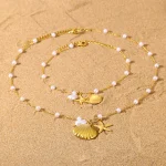 Ensemble de bijoux en perles d&rsquo;eau douce pour femmes, collier, étoile de mer, bracelet de cheville, chaîne en acier inoxydable, cadeaux quotidiens de fête