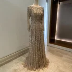 Robe de soirée de forme trapèze, luxueuse tenue de soirée de standing, de styliste arabe de Dubaï, couleur chair, avec perles, LA72088, 2025