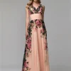 robe de soirée personnalisée en mousseline de soie pour femme, tenue de bal Élégante à motif floral, coupe trapèze, col en v froncé, longueur au sol, 2025