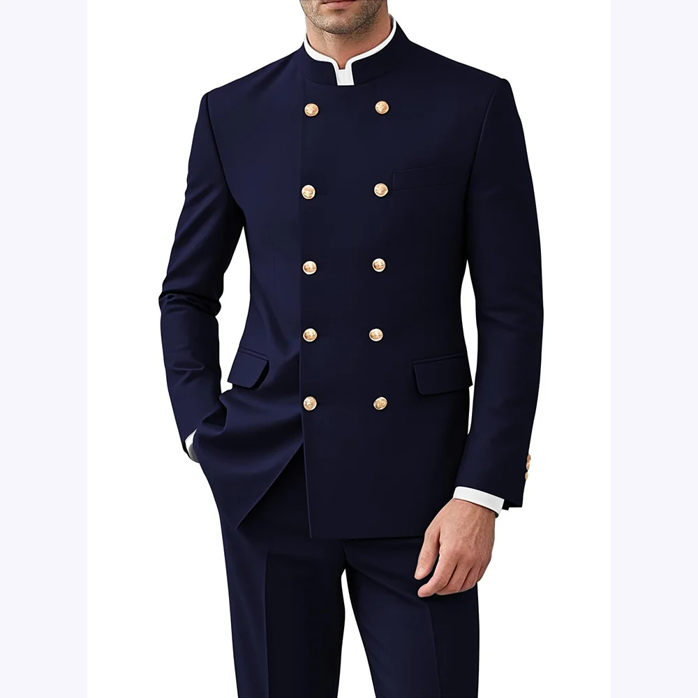 Costumes formels pour hommes, couleur unie, 2 pièces, Double boutonnage, col montant, pantalon Balzer, fête formelle, affaires, mariage, ensemble personnalisé