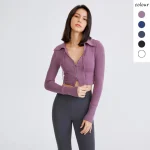 Veste de sport à manches longues avec nombril pour femme, chemise de yoga, haut court, sexy, mince, fermeture éclair, gym, course à pied, sport, automne