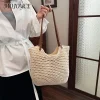 sac à main tissé pour femmes, fourre tout décontracté de grande capacité, couleur unie, sac tressé ajouré, sac de voyage de plage d'été