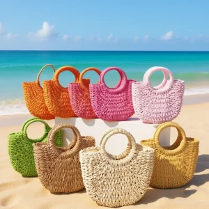 Sac à main de plage demi-lune en rotin et paille tissé à la main pour femmes, sac à bandoulière d&rsquo;été ajouré, sacs à bandoulière pour cadeaux pour femmes
