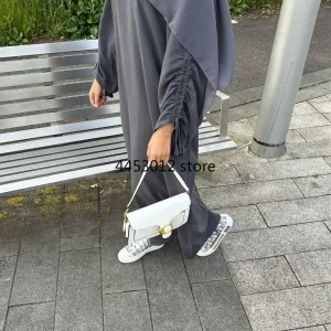 Abaya à manches froncées pour femmes, Abaya fermée, robe musulmane turque, tissu froissé fin et ample, vêtements islamiques, caftan modeste Abaya à manches froncées pour femmes, Abaya fermée, robe musulmane turque, tissu froissé fin et ample, vêtements islamiques, caftan modeste