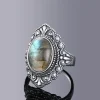 bague en argent pour femmes, ovale, ronde, labradorite naturelle, cadeau en forme de soleil, rétro, bijoux fins de luxe