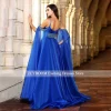 robe de soirée élégante bleu royal arabie, manches longues cape, cristaux scintillants, perles, ligne a, bretelles spaghetti, robes de bal pour femmes, 2025