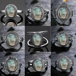 Bague en argent pour femmes, ovale, ronde, Labradorite naturelle, cadeau en forme de soleil, rétro, bijoux fins de luxe Bague en argent pour femmes, ovale, ronde, Labradorite naturelle, cadeau en forme de soleil, rétro, bijoux fins de luxe