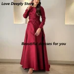 Robe de soirée élégante personnalisée, col rond, manches longues, perles, fleurs, ligne A, robe de bal saoudienne, robes de fête de mariage