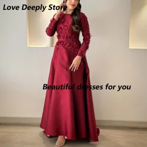 Robe de soirée élégante personnalisée, col rond, manches longues, perles, fleurs, ligne A, robe de bal saoudienne, robes de fête de mariage