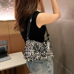 Pochette de luxe élégante à paillettes brillantes pour femmes, sac à main à bandoulière sous les bras or/argent, accessoire de fête à la mode pour dames