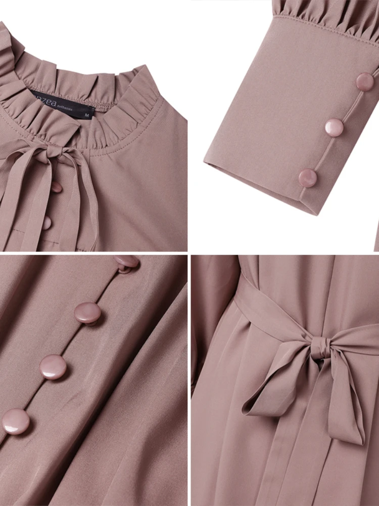 zanzea femmes luxe maxi robes élégant modeste col à volants noué taille à manches longues robe longue musulmane hijabs abaya robes s 3xl