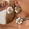 Ingemark élégant grande fleur de Rose collier ras du cou boucles d&rsquo;oreilles pour femmes Goth réglable corde chaîne mer ensemble de bijoux de mariée cadeau