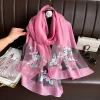Élégant doux mince luxe foulard en soie fleur broderie grandes femmes hijab châles foulard enveloppes brillant dentelle écharpe dame