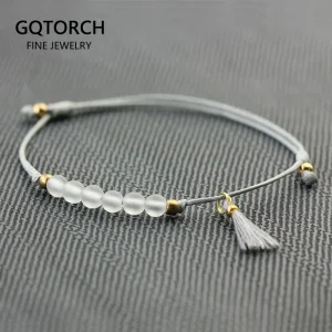 Bracelet élégant avec pompon pour femme, fait à la main, cordon minimaliste, perles en pierre de cristal blanc naturel, bracelets réglables, 4mm