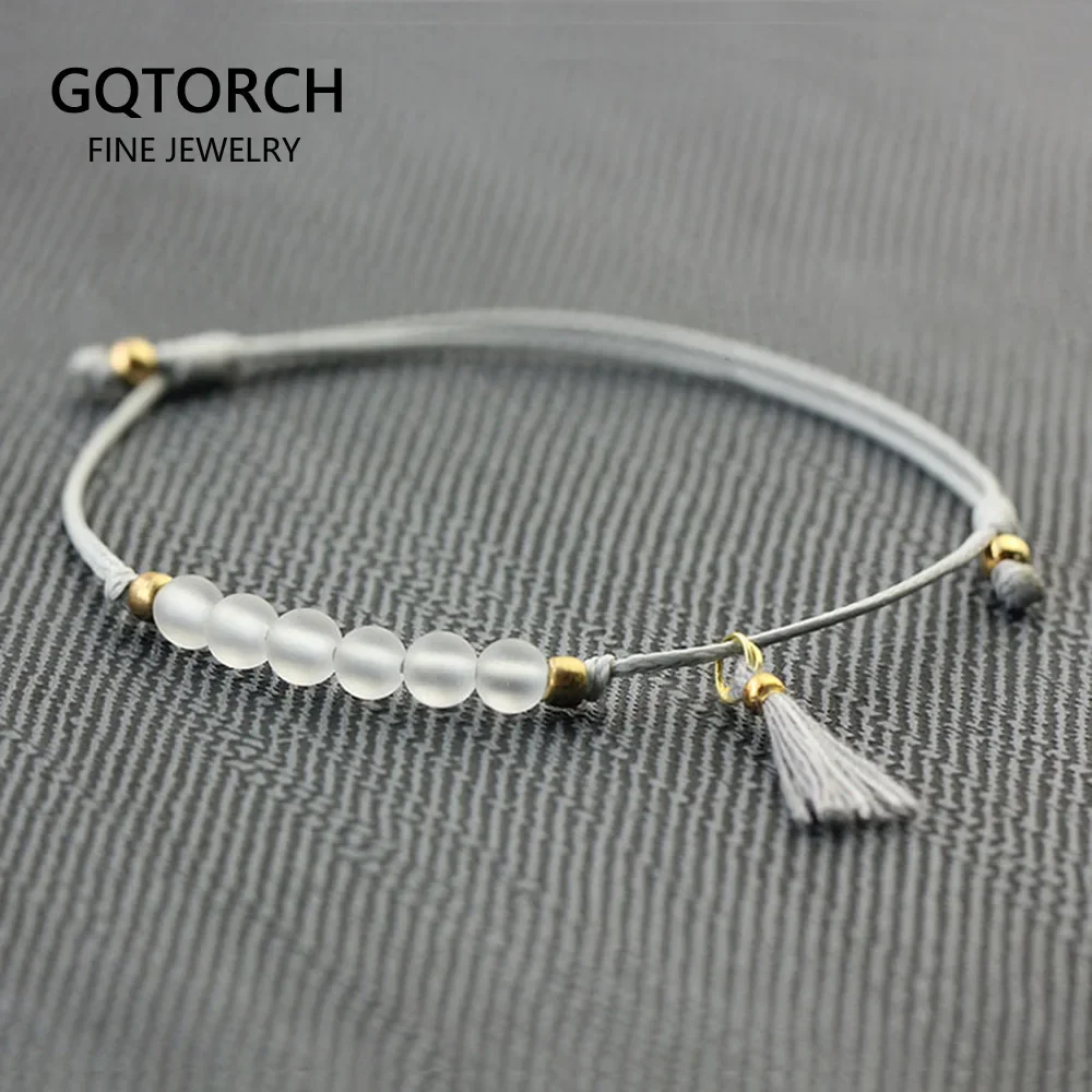 Bracelet élégant avec pompon pour femme, fait à la main, cordon minimaliste, perles en pierre de cristal blanc naturel, bracelets réglables, 4mm