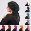 Strass décor Turban chapeau musulman Hijabs couleur unie élastique bandeau décontracté crâne casquette bonnets chimio casquette pour les femmes