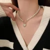 collier de perles élégant pour femmes, pendentif en forme de cœur, chaîne de perles d'imitation de luxe, bijoux coréens, cadeaux pour filles