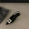 sandales décontractées en cuir pu pour femmes noires, mode fille, strass, talons plats à enfiler, bout pointu, élégantes, slingback