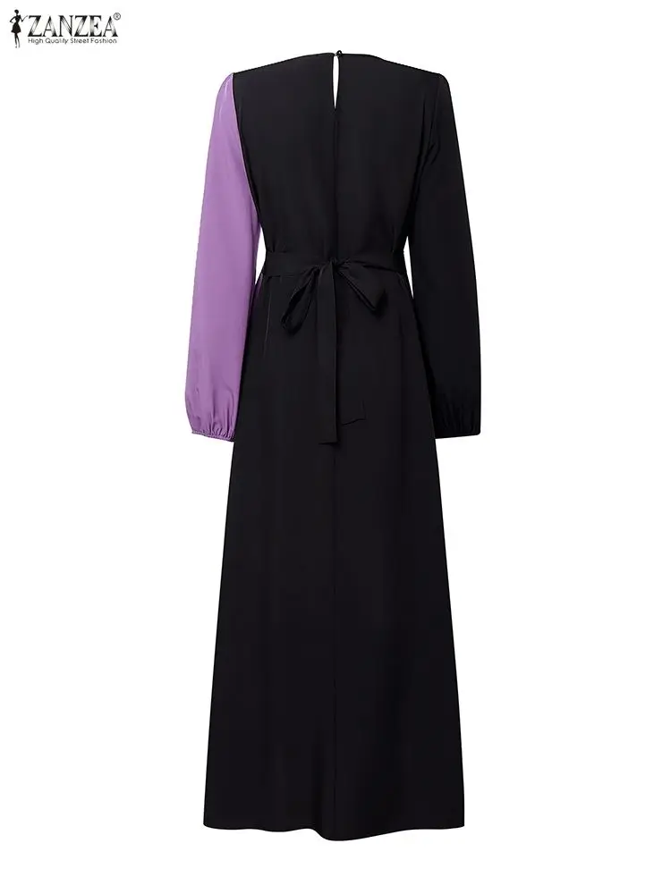zanzea hijabs femmes robes longues plissées modeste contraste couleur à manches longues ceinturée a ligne robe maxi abaya robes vêtements musulmans